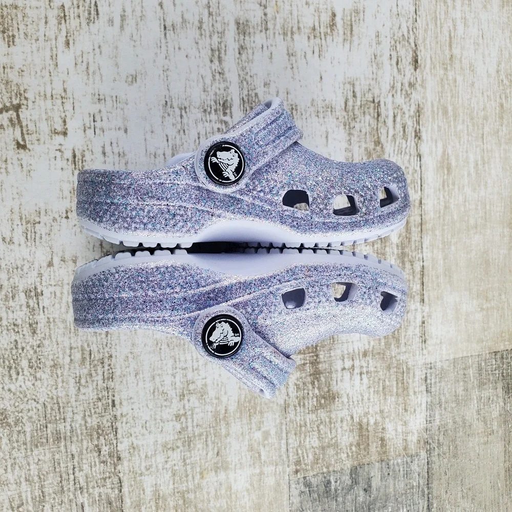 Crocs Classic Girl Clog Sandal Sz C5 5 Blue Glitter Slip On Round Toe Waterproof